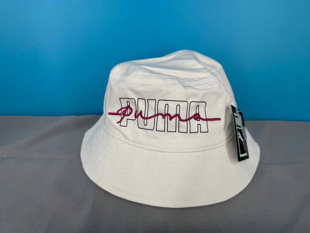 Puma White Bucket Hat Pink Logo Unisex One Size NWT Cotton